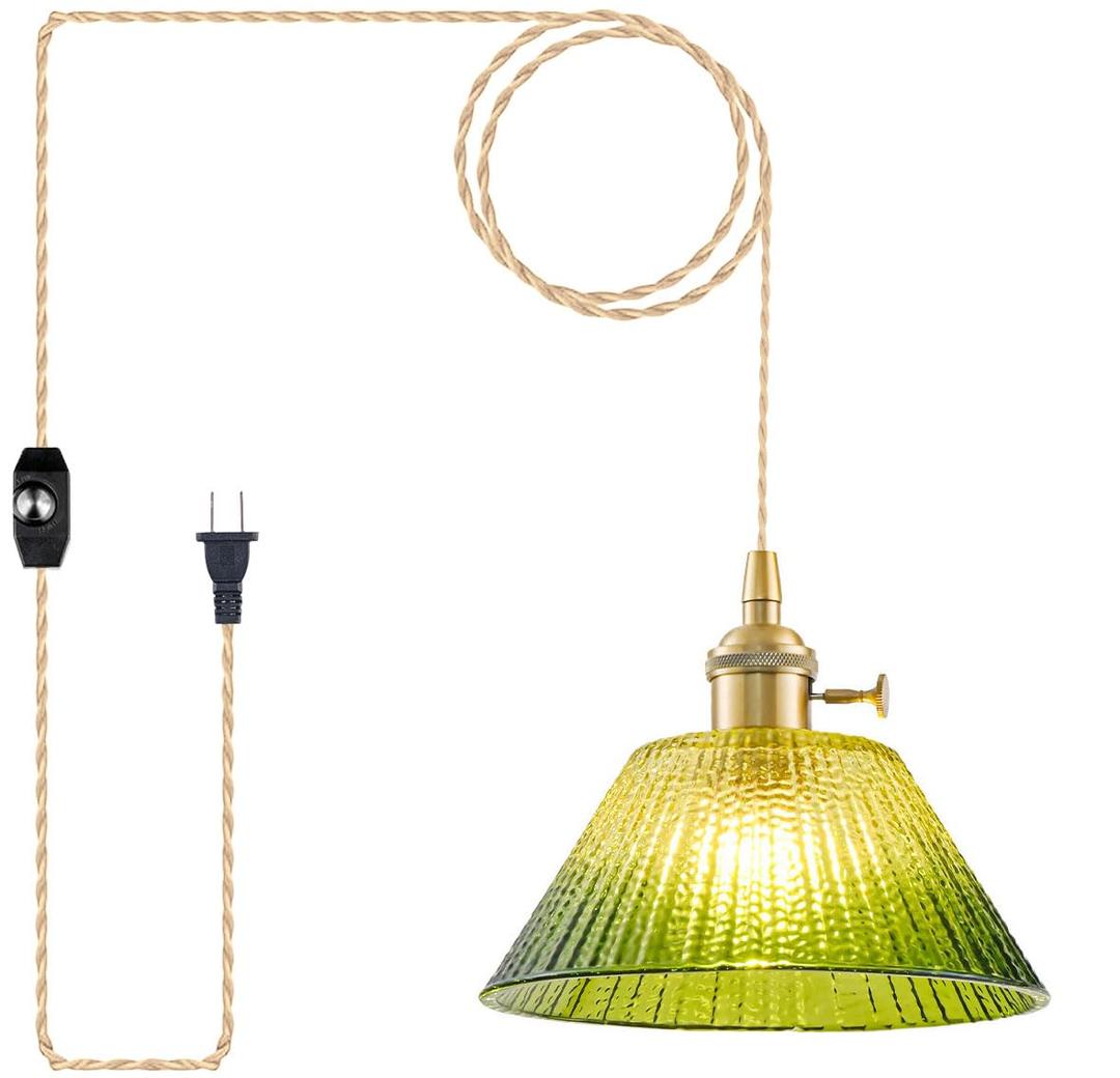 Plug in Pendant Light Vintage, Dimmable Pulley Hanging Lamp with Gradient Green Glass Shade, Brass Hanging Lights with Plug in Cord for Living Room, Compatible with Indoor Plant Grow Light Bulbs