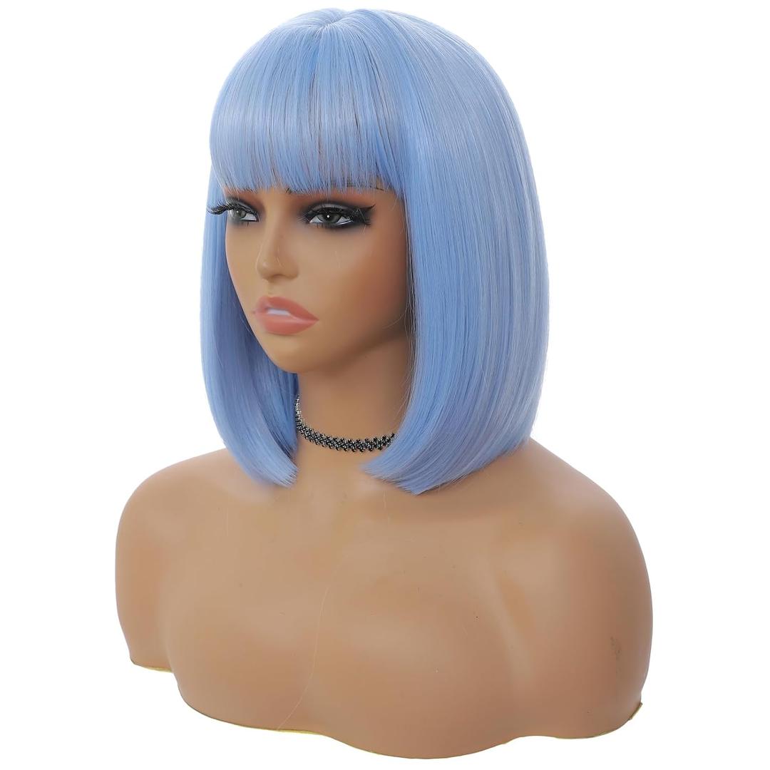 Light Blue Bob Wig with Bangs for Women 12 Inch Short Straight Blue Wigs Synthetic Colored Wigs