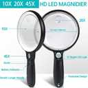 Large Magnifying Glass with 37 LED Light, 10X 20X 45X Handheld Illuminated Lighted Magnifier with 3 Light Modes Rechargeable Magnifying Glass for Seniors Reading, Inspection (White & Black)