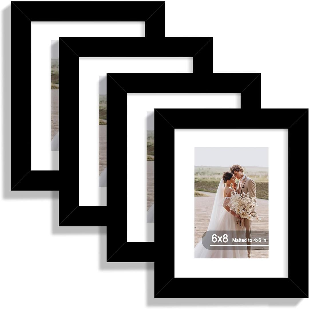6x8 Picture Frame Set of 4, Made of Real Glass and Black Frame - Display Picture 4x6 with Mat or 6x8 Without Mat, 6 by 8 Photo for Wall or Tabletop