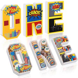 Yalikop 3 Pcs One Letter Fillable DIY Tray Food Box 10 Inch Charcuterie Board Letters Cardboard Serving Trays for Food 1st Birthday Anniversary Party Dessert Table Photo Props(Hero Theme)