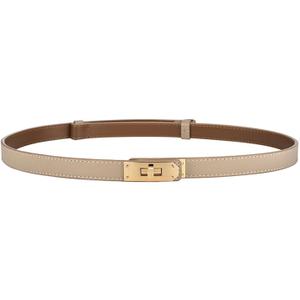 FENLDY Adjustable Thin Belts For Womens Skinny Belts For Dresses Womens Solid Color Alloy Turn Lock Belts For Jeans (Light Khaki Belt With Gold Buckle)