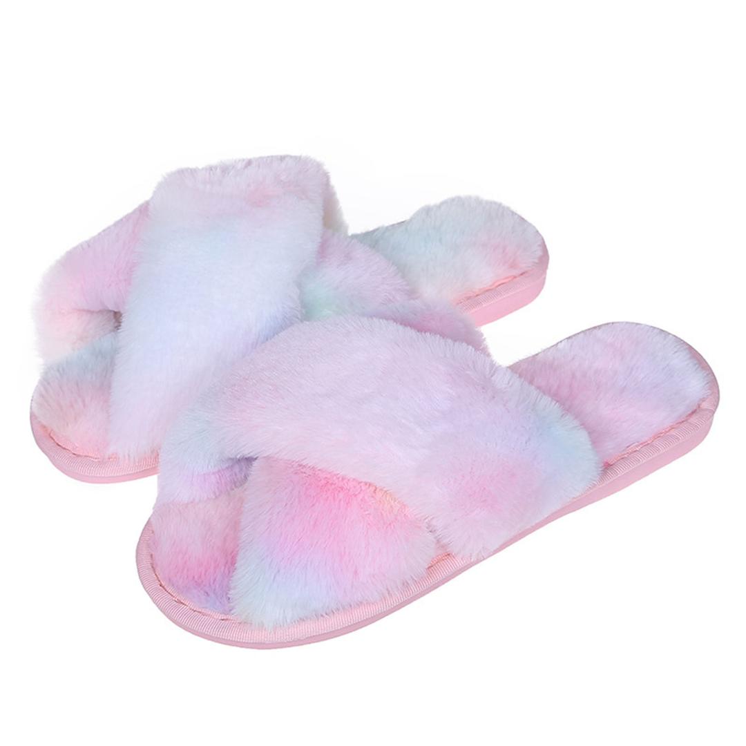 Evshine Women's Fuzzy Slippers Cross Band Memory Foam House Slippers Open Toe (7-8, Pink)
