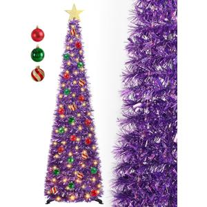 5 FT Pop Up Christmas Tree with Timer Lights and Decorations, Purple Tinsel Artificial Christmas Tree with 24 Balls Ornaments, Collapsible Pencil Tree for Xmas Home Office Party Decor
