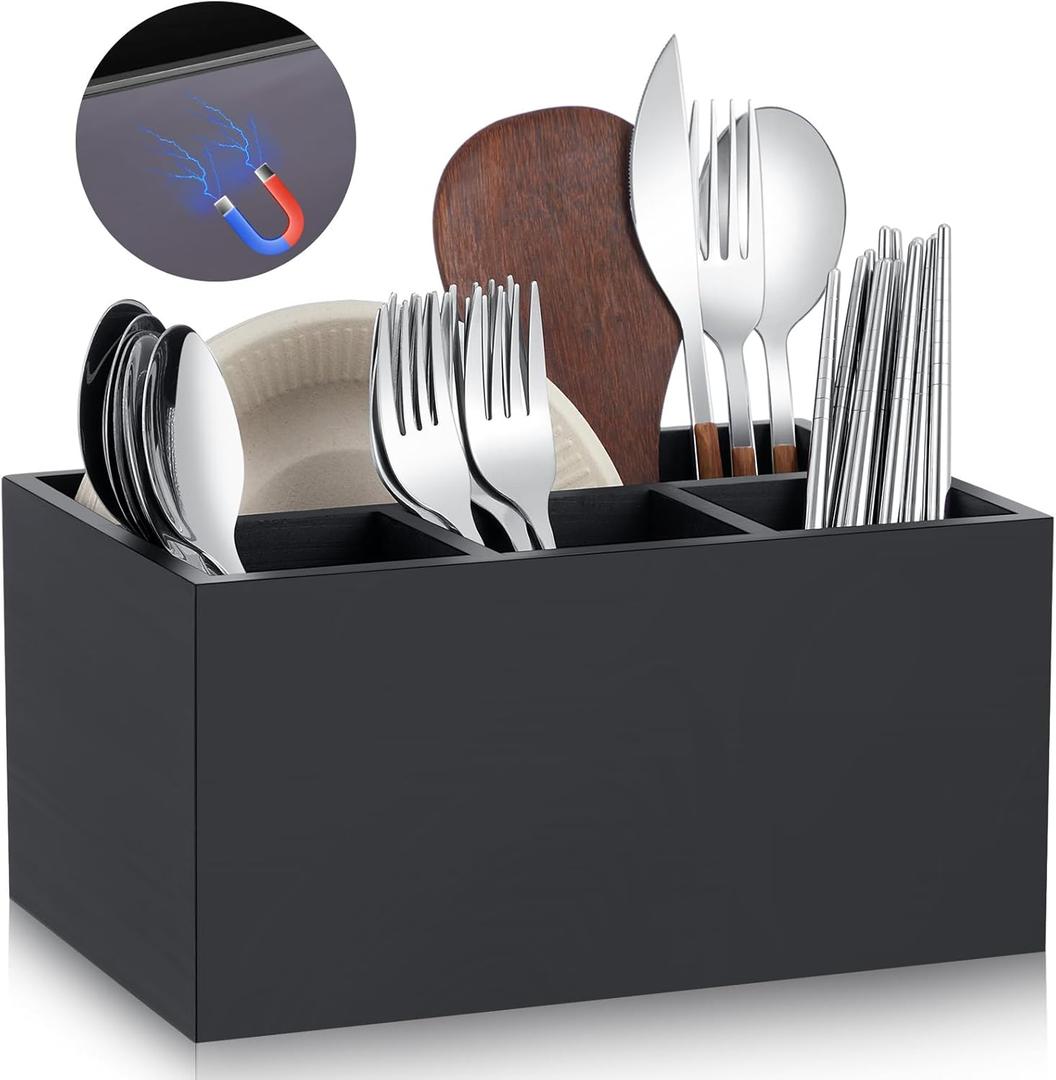 Magnetic Silverware Caddy Wooden Utensil Holder for Fridge Kitchen Counter Wooden Silverware Holder with 4 Compartments for Party, Countertop, Camping