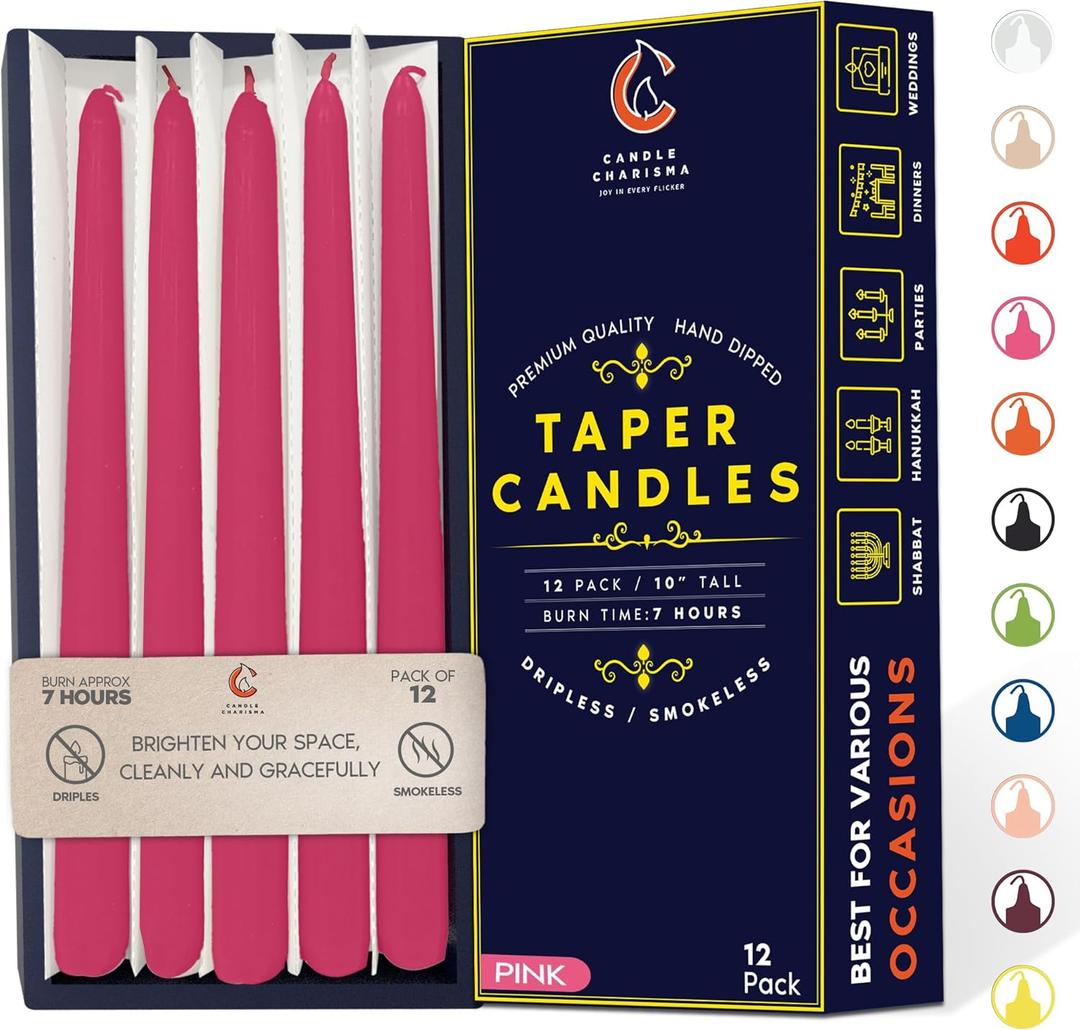 Hot Pink 10 Inch Taper Candles - Pack of 12 Premium Unscented, Dripless & Smokeless Hand-Dipped Candles for Birthday, Wedding or Dinner Decorations and Formal Candlelighting