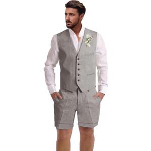 Mens Linen Suit 2 Piece Short Suits for Men Casual Summer Beach Wedding Suit Linen Vest Shorts Set, 
Large