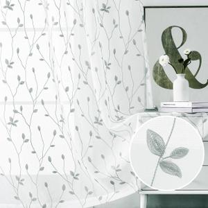 WUBODTI Grey Embroidered Leaf Patterned Sheer Curtain 84 Inches Long 2 Panels Set for Living Room, Rod Pocket Gray and White Light Filtering Faux Linen Leaves Curtains for Bedroom Dining Room