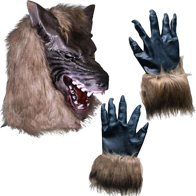 Halloween Werewolf Mask Realistic Claws Gloves Scary Wolf Head Costume for Adults & Teens Cosplay Costume Trick or Treat