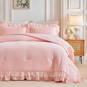 Joyreap Queen Size Comforter Set Blush Pink, 3pcs Lace Ruffled Bedding Comforter Set, Microfiber Vintage Boho Chic Bedding Set for All Season- 88x88 inches