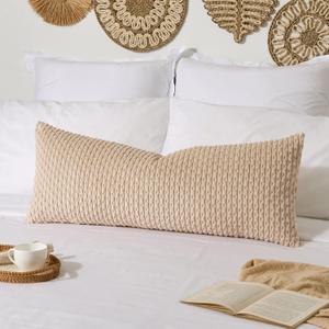 Kevin Textile 14x36 Inch Long Lumbar 1 Pack Boho Decorative Throw Pillow Cover Soft Striped Corduroy Rectangle Cushion Case Farmhouse Solid Color Accent for Living Room Couch Sofa Bed, Beige