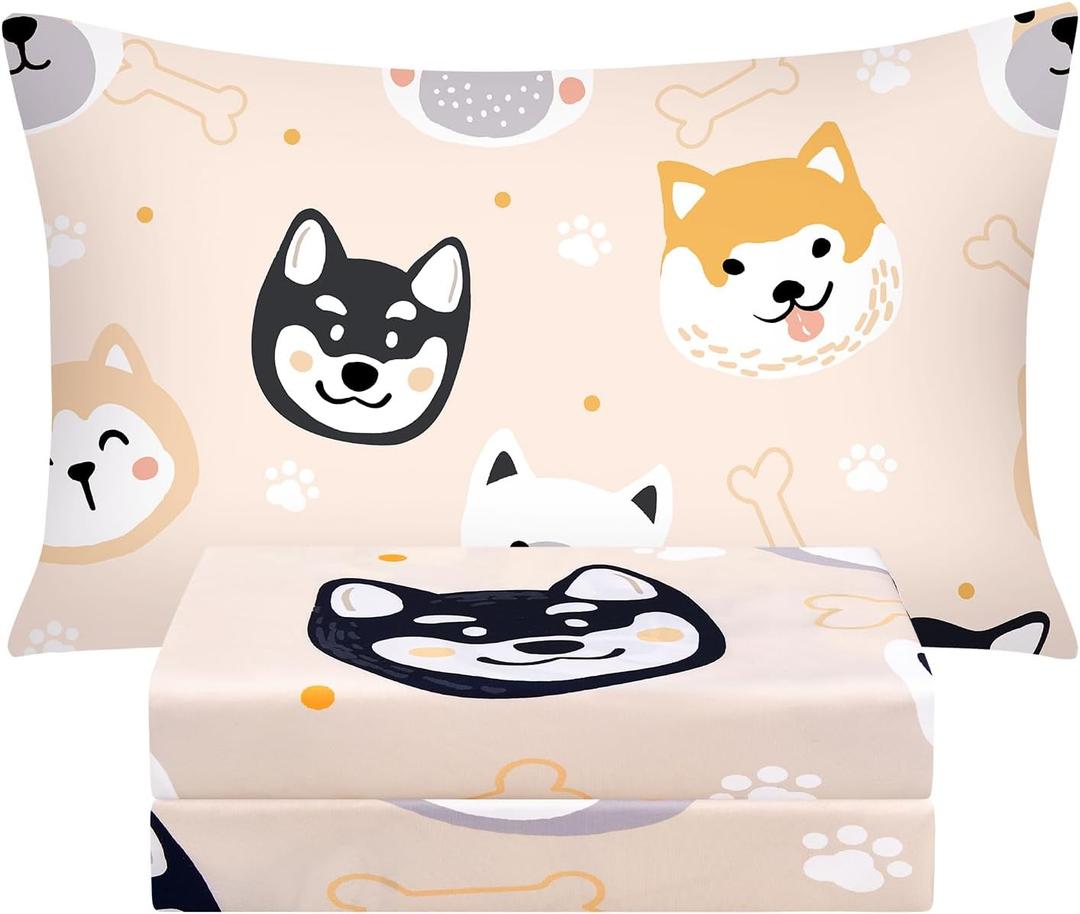 BYSURE Twin Sheets Set Kids(Dog Puppies, Beige), 3 Pieces Easy Fit Deep Pocket Sheets Set, Breathable Wrinkle-Free Microfiber Bedding for Children
