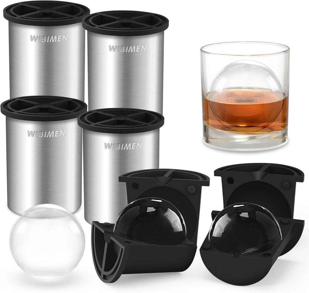Clear Ice Cube Maker - 2.5" Ball - Stainless Steel Clear Ice Maker - Compact Design - for Whiskey, Cocktails, Bourbon - 4 PACK (Metallic-Round)