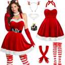 SOMSOC 6 Pack Women Santa Claus Costume Red Velvet Halter Neck Dress with Belt Gloves Stockings for Christmas Parties (X-Large)