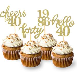 24 Pcs Glitter 40th Birthday Cupcake Toppers for Forty Years Old Birthday Party Decorations (Gold)