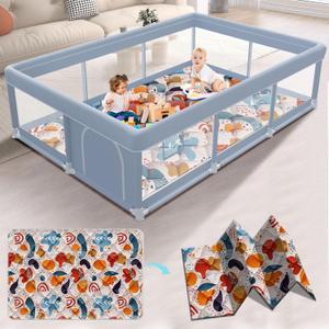 XVISHX 74 x 50 Inch Baby Playpen with Mat, Playpen for Babies and Toddlers, Baby Playard for Indoor & Outdoor Active Center Game Fence, with Skin-Friendly Fabric and Soft Breathable Mesh, Grey