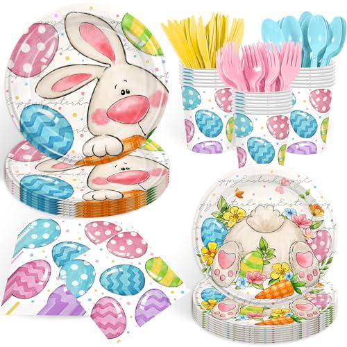 168PCS Easter Party Supplies Easter Egg Party Decorations Cartoon Bunny Paper Plates and Napkins Cups for Spring Themed Easter Birthday Party Serves 24