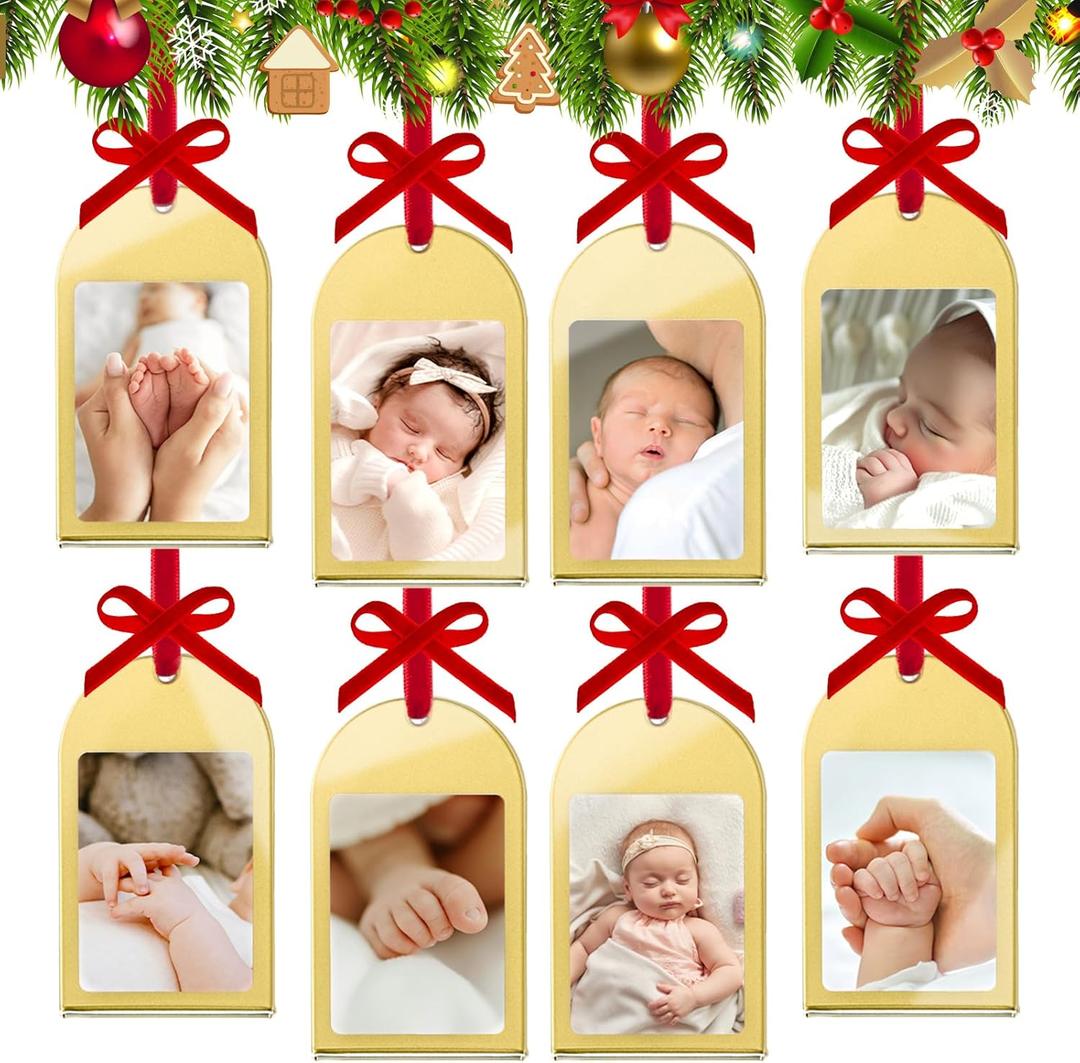8Pcs Mini Vintage Gold Christmas Acrylic Picture Frame Ornaments - 2x3 Inch Arch Small Wall Hanging Double-Sided Photo Frames with DIY Red Velvet Ribbon, for Christmas Tree Gifts Polaroid instax Mini (Gold Joy Combo)