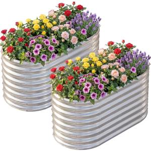 AHEONLAR 2 Pack 4×2×2ft Galvanized Raised Garden Bed Outdoor,Oval Sturdy and Durable Planter Boxes for Vegetables, Fruits, Flowers and Plants, Easy Assembly, Silver