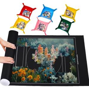 Pohxev Jigsaw Puzzle Mat Roll Up, Felt Saver Pad 43 x 26 Smooth Top Portable Keeper Up to 1500 Pieces with 6 Puzzle Sorting Trays & Travel-Friendly Storage Bag (Black)