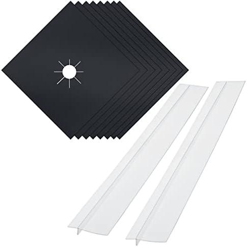 MSDADA Gas Stove Covers,8 Pcs Black 0.2mm 10.6" x 10.6" Gas Range Protectors with 2 Pcs Clear 21” Kitchen Gap Cover, Double Thickness, Non-Stick, Reusable And Dishwasher Safe