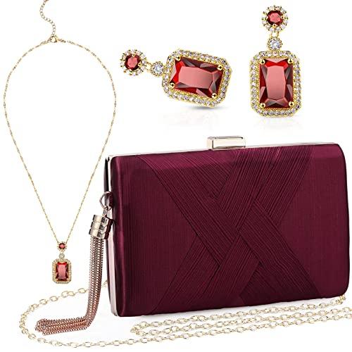 Jadive 3 Pcs Clutch Purses for Women Handbag Evening Purses Bag for Wedding Vintage Banquet Handbag Earrings Necklace Set(Maroon)