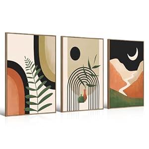 Large Canvas Wall Art Set of 3 Framed Boho Wall Art Mid Century Modern Wall Prints Black Beige Moon Plant Desert Nature Illustrations Artwork, Minimalist Boho Wall Decor for Living Room 16x24in