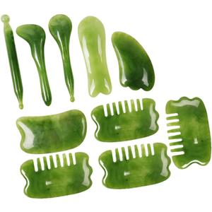 Healifty 1 Set 10 Pcs Gua Sha Massage Board Scalp Comb Facial Massager Cosmetology Kit Jade Scraping Jade Set Tools Massaging Tool Massaging Board The Face Plank (Green)