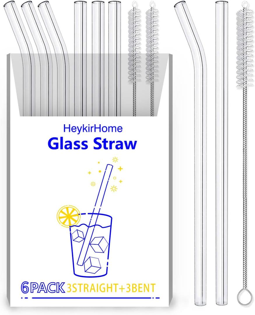6-Pack Reusable Glass Straw-Transparent,Size 8''x10 MM,Including 3 Straight and 3 Bent with 2 Cleaning Brush- Perfect For Smoothies, Tea, Juice-Clear