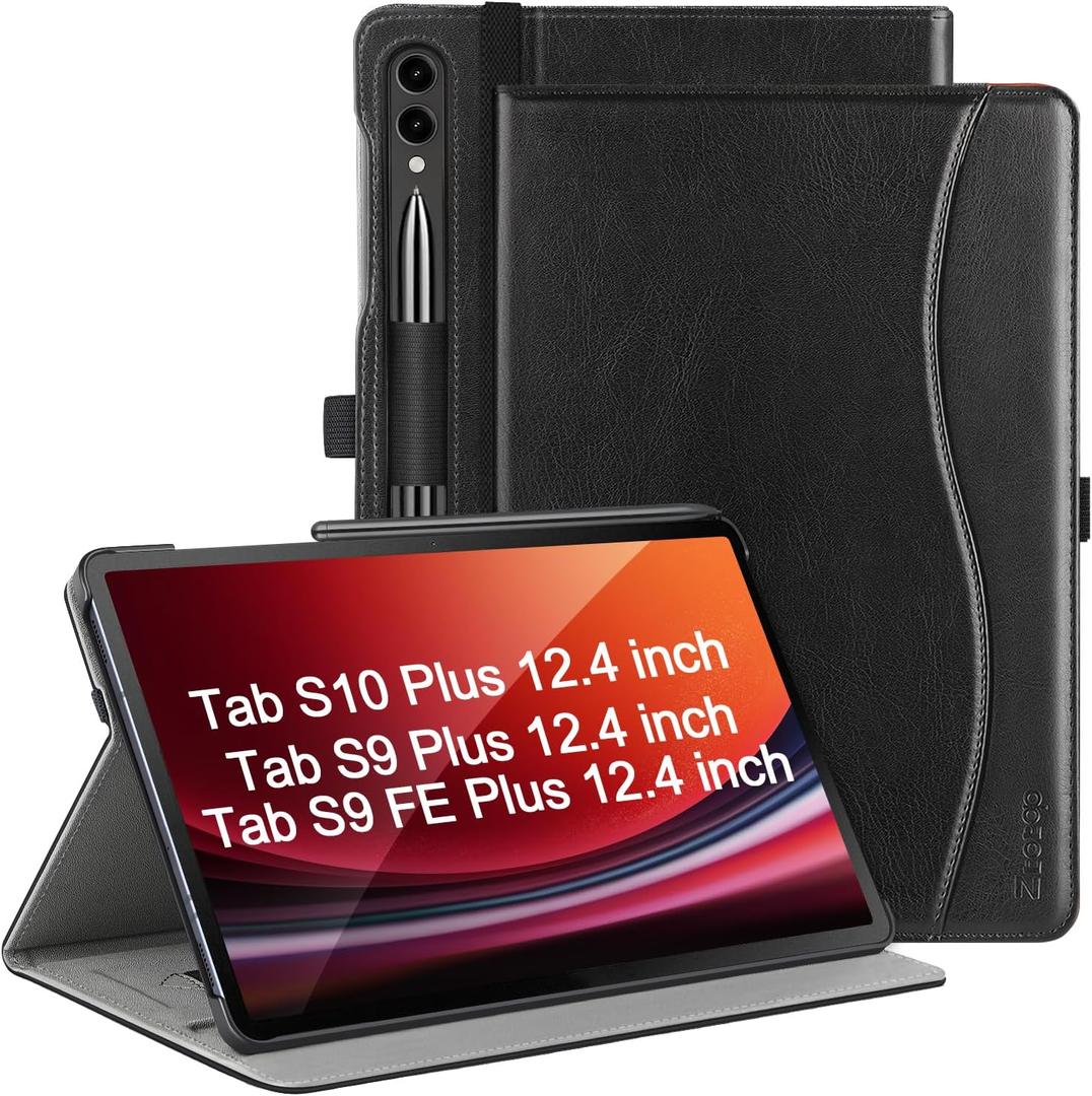 2 x ZtotopCases for Samsung Galaxy Tab S10 Plus Case 2024/ S9 Plus/ S9 FE Plus 5G 12.4 Inch 2023, Premium PU Leather Cover with Hand Strap/Front Pocket/S Pen Holder for Tablet S10+/S9+/S9 FE+, Black