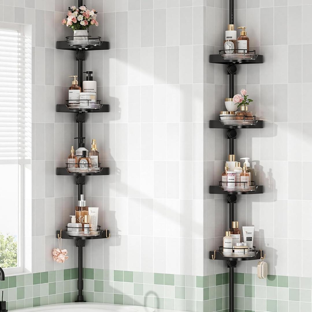 360° Rotating Corner Shower Caddy Tension Pole Organizer, Black, Rotation
