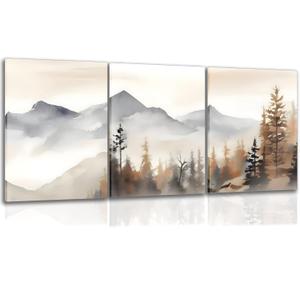 YFvrPt Neutral Mountain Wall Art Set of 3, Forest Landscape Canvas Artwork Modern Pictures Abstract Watercolor Painting Prints for Wall Decor Aesthetic, for Living Room Bedroom Framed 16x24 inch, Wrapped Canvas 16×24in