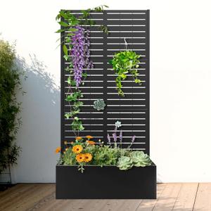 FENCY Metal Raised Garden Bed with Trellis, Metal Planter Box with Trellis, Garden Box for Climbing Plants Vegetable, 35" Lx16 Wx71 H Garden Bed with Drainage Holes(Black-Louvered), 71"x35"