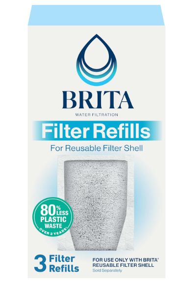 Brita Refillable Water Filter Refill Packs for Pitchers and Dispensers, BPA-Free, 80% Less Plastic*, Each Lasts Two Months, For Use with Refillable Shell (Sold Separately), 3 Filters