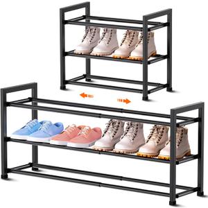 Bumusty 3-Tier Expandable Shoe Rack for Closet, 18-33 Adjustable Shoe Rack for Small Space, Small Shoe Organizer for Front Door, Sturdy Metal, Black