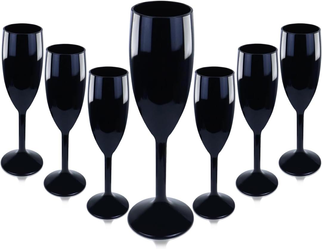 12 Pcs Halloween Plastic Champagne Flutes 6 OZ Acrylic Glasses Wedding Toasting Flute Goblet Reusable Champagne Cups for Bachelorette Party Wedding Bar Anniversary (Black)