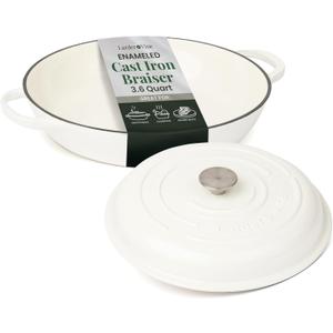 Larder & Vine Enameled Cast Iron Braiser | 3.6 qt Braiser Pan with Lid | Shallow Dutch Oven Compatible on All Cooktops | Casserole Dish Oven Safe to 500 F | Dual Handles | White