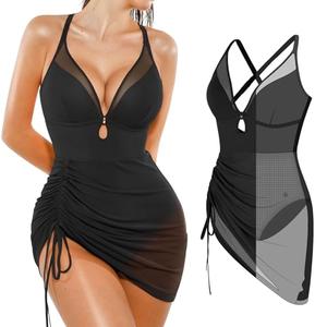 Popilush Shapewear Swimsuit Womens One Piece Swimsuits Tummy Control Swim Dress Slimming Bathing Suit Mesh Sheer Swimdress Black, Size Large