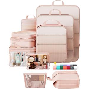 Veken 11 Set Compression Packing Cubes for Travel Essentials,Compressible Expandable Large Luggage Suitcase Organizer Bags for Clothing,Durable Space Saver Storage Bags with Toiletry Bags(Beige)