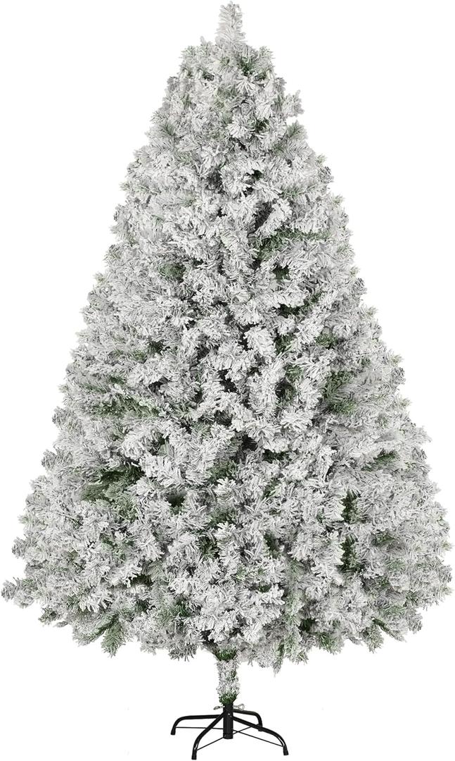 6FT Premium Artificial Christmas Tree, Snow Flocked Hinged Pine Tree w/1000+ Snowflake Branches, Solid Metal Stand for Holiday Decoration Indoor Outdoor Use (Green)