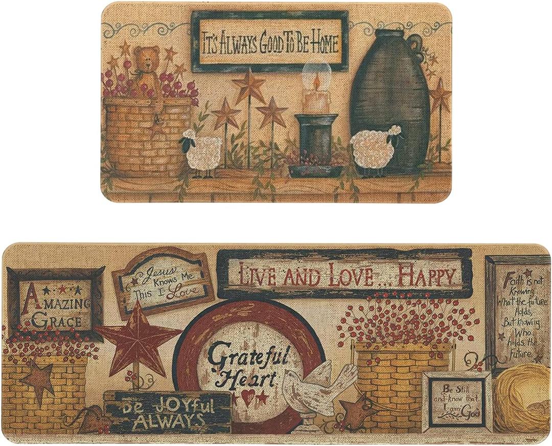 Farmhouse Western Kitchen Rugs and Mats Set of 2, Farmhouse Kitchen Mat Carpet Non-Slip Washable Kitchen Mat for Kitchen Home Decor - 17x29 and 17x47 Inch