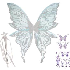 Fairy Wings Costume Set for Adults - Cosplay Accessories with 31.5"x29.5" Butterfly Wings for Halloween, Party (Sliver)