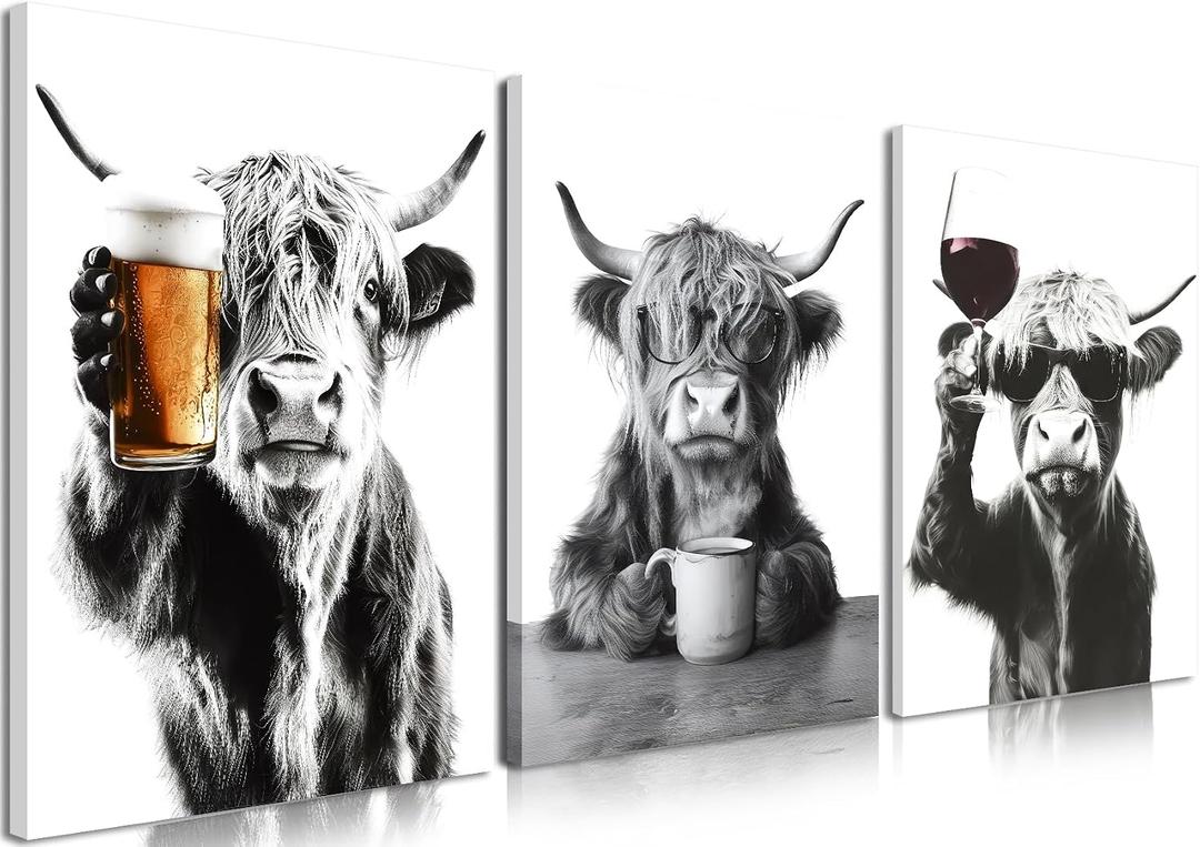 Funny Highland Cow Canvas Wall Art Set of 3, Black and White Cow Wall Decor Paintings, Farm Animal Poster Pictures Prints Vintage Rustic Farmhouse Home Decor for Bar Kitchen Dining Room 16x24 Inch
