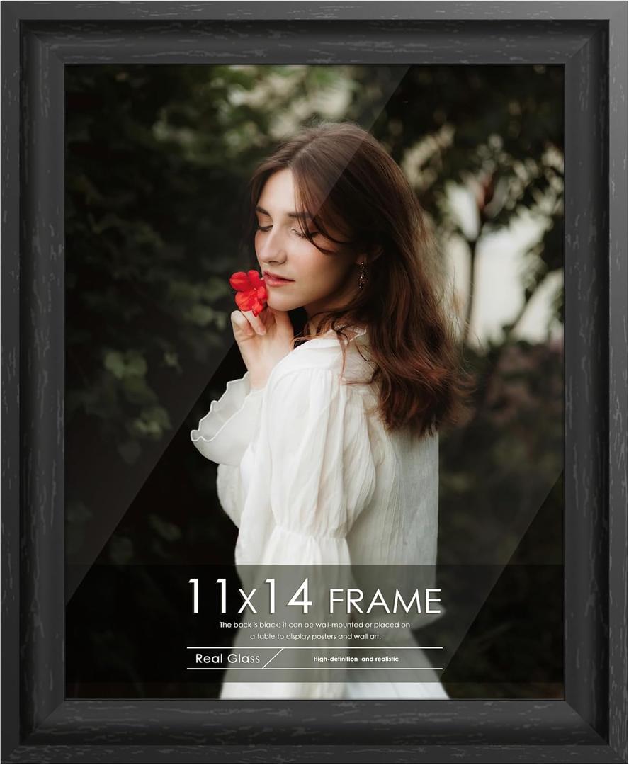 11x14 Picture Frame with Tempered Real Glass. Curved Extra Wide Edges Vintage Photo Frames. Hanging and Tabletop Display, Gallery Wall Frames for Posters & Wall Art. Black