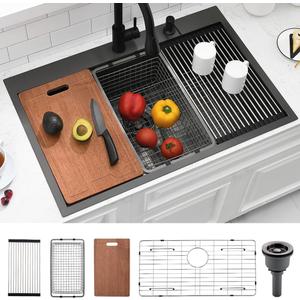 33 Drop in Black Workstation Kitchen Sink, Dorzom 33x22x10 Inches Black Stainless Steel Drop In Kitchen Sinks Topmount 16 Gauge Single Bowl Sink with Workstation and All Accessories