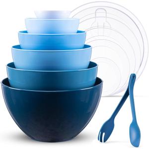 LUXEAR Mixing Bowls with Lids Set, 14 Pieces Plastic Nesting Bowls Includes 6 Prep Bowls, 6 Lids, 2 Cooking Spoons(Can Convert into Tongs), Microwave Dishwasher Safe for Mixing Serving Baking Storing (Blue)