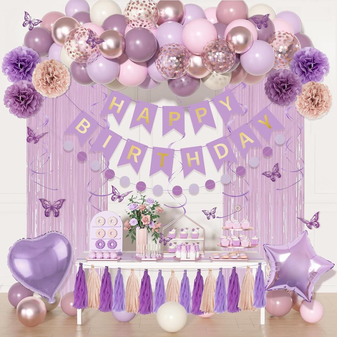 Dusty Purple Birthday Party Decorations, Lavender Pink Sand Confetti Rose Gold Balloons Happy Birthday Banner Fringe Curtains Butterfly Hanging Swirls Circle Dots Tassels Pompoms for Women Girls Party