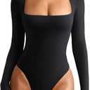 REORIA Womens Sexy Long Sleeve Square Neck Lightweight Double Lined Basic Layering Slim Soft Leotards Shirts Fall Going Out Bodysuit Tops Black Small