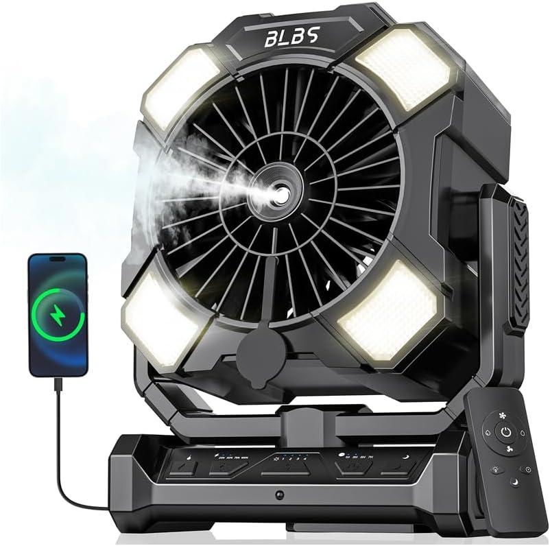 BLBS Camping Misting Fan, 24000mAh Rechargeable Battery Powered, 80H Runtime, 300ml Water Tank, LED Light & Hook, Portable Outdoor Fan for Camping Travel, Black, Medium