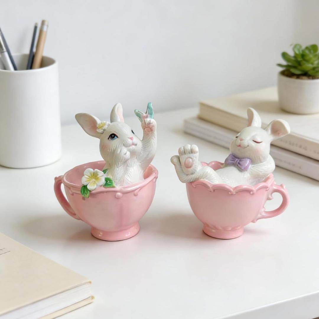 Cynkeyee Easter Decorations Bunny Figurine - 2 Pcs Cute Bunny in Pink Teacup Bunny for Table Decor Office Gift for Woman Easters Decorations for The Home 3.3x2.5x3.5IN